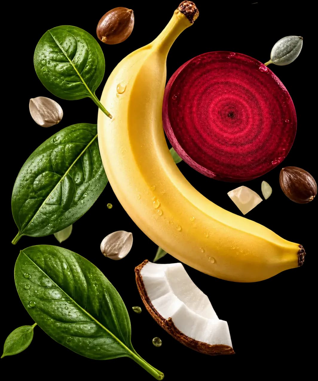 Spinach, sunflower and pumpkin seeds, beetroot, banana and coconut